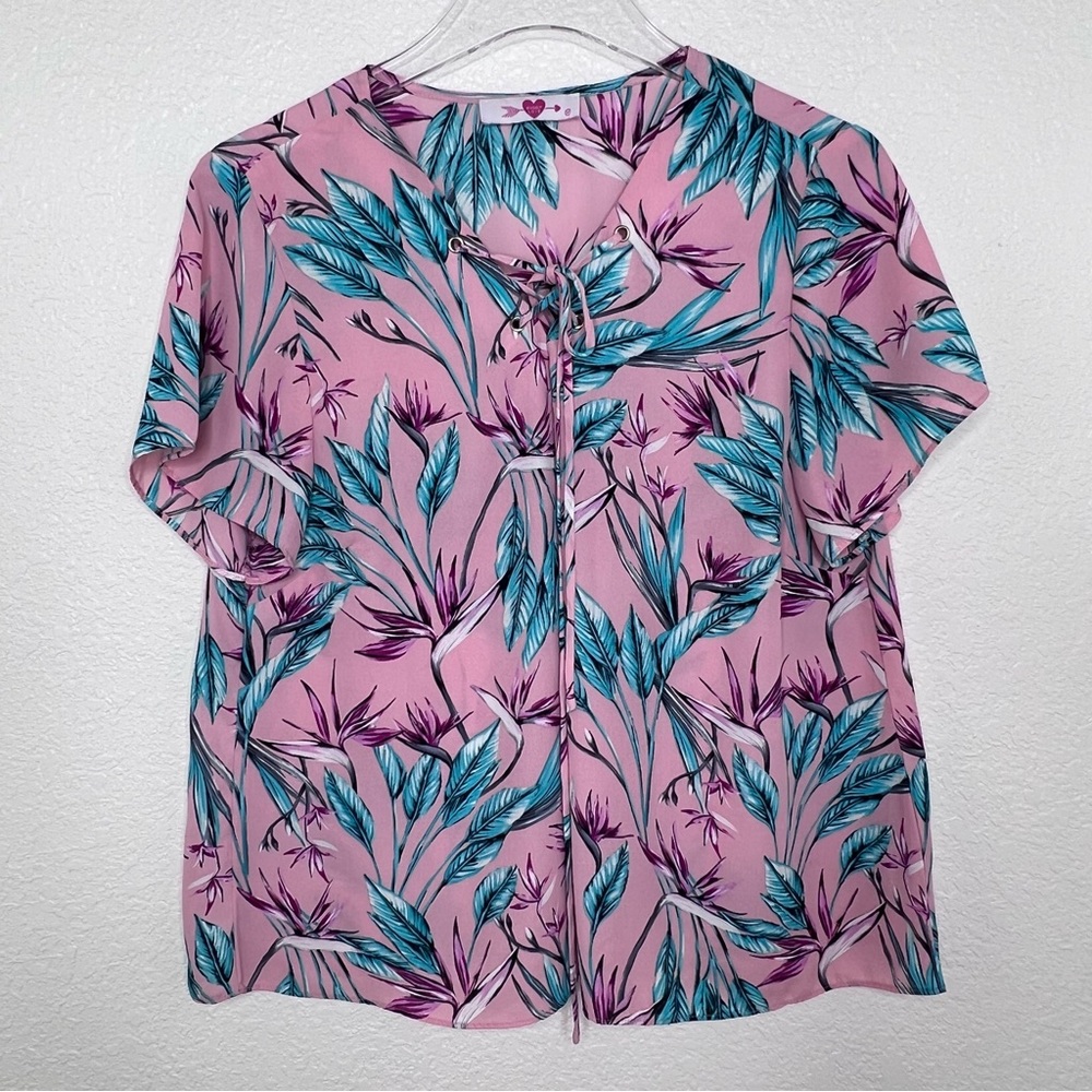 Buddy Love Tallulah Tropical Print Blouse Short Sleeve Lace Up
